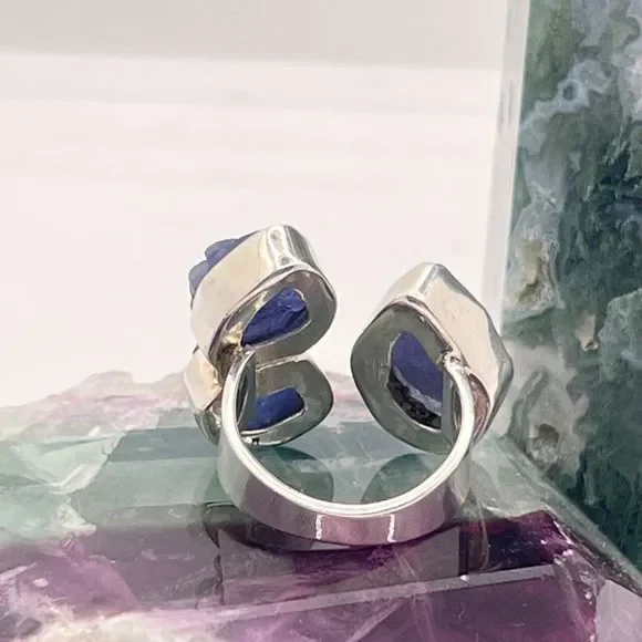 Sterling Silver Raw Amethyst Ring Chunky Triple Stone Size O Stamped 925 - Picture 3 of 12